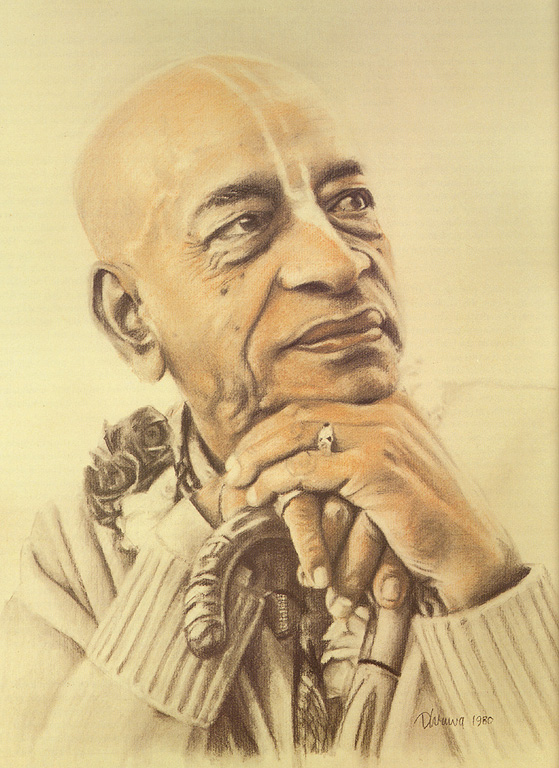 His Divine Grace A.C. Bhaktivedanta Swami Prabhupada in traditional saffron robes, sitting in meditation pose with serene expression and warm lighting